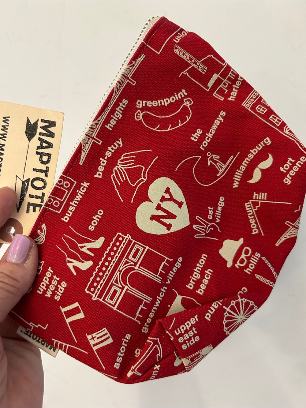 Maptote NY Red Canvas Zip Pouch NEW all cotton brass zipper pill fun unique bag